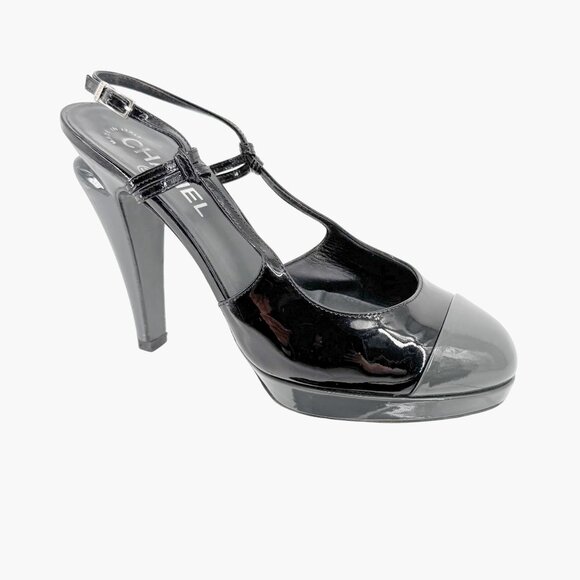 Chanel Cap Toe Slingback Pump Size 38.5 US 7.5-8 Black Patent Platform High Heel - Picture 9 of 14